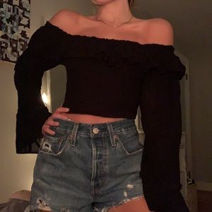Cropped black off the shoulder flowy sleeved top